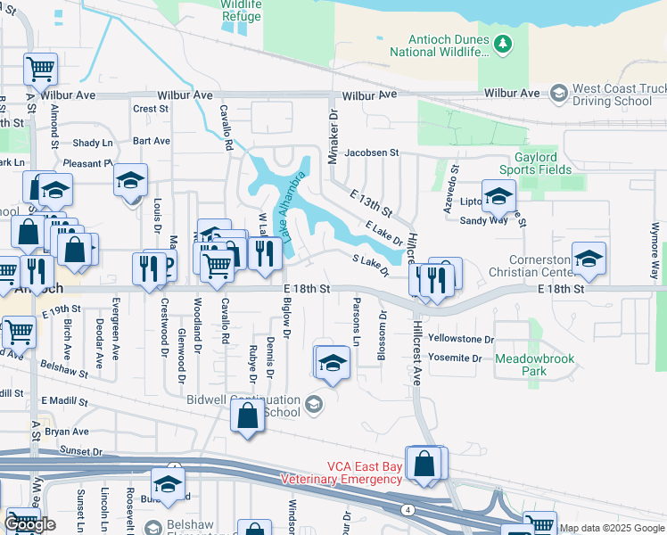 map of restaurants, bars, coffee shops, grocery stores, and more near 825 East 18th Street in Antioch