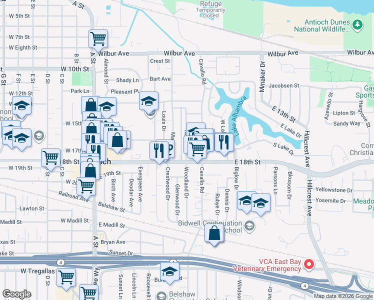 map of restaurants, bars, coffee shops, grocery stores, and more near 1708 Noia Avenue in Antioch