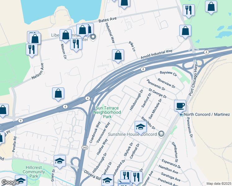 map of restaurants, bars, coffee shops, grocery stores, and more near 3687 Montreal Circle in Concord
