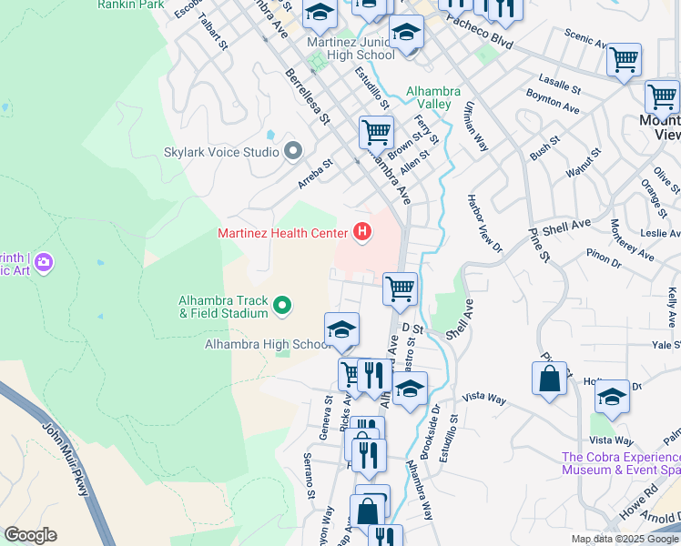 map of restaurants, bars, coffee shops, grocery stores, and more near 107 C Street in Martinez