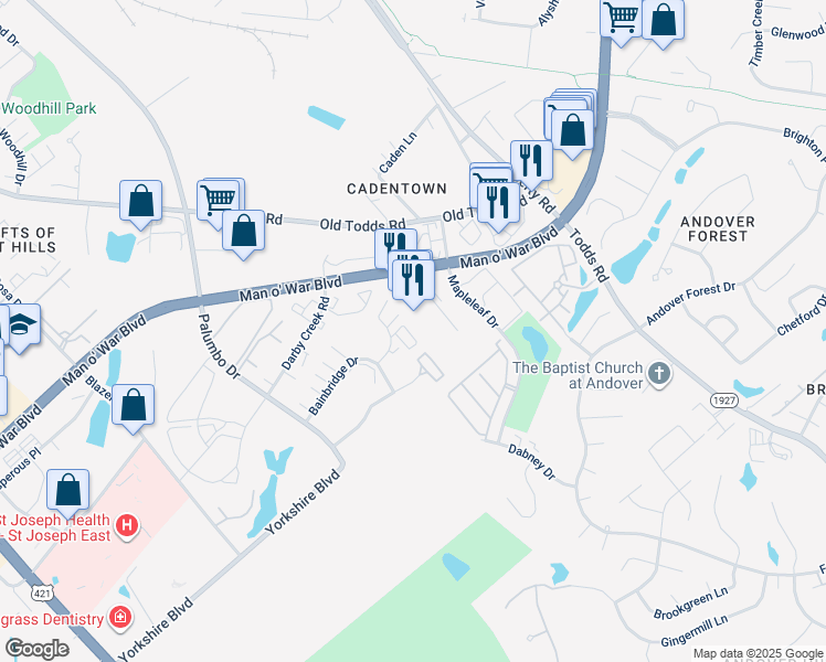map of restaurants, bars, coffee shops, grocery stores, and more near 408 Bainbridge Court in Lexington