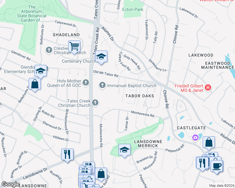 map of restaurants, bars, coffee shops, grocery stores, and more near 2957 Candlelight Way in Lexington