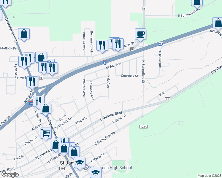 map of restaurants, bars, coffee shops, grocery stores, and more near 514 Kyle Avenue in Saint James