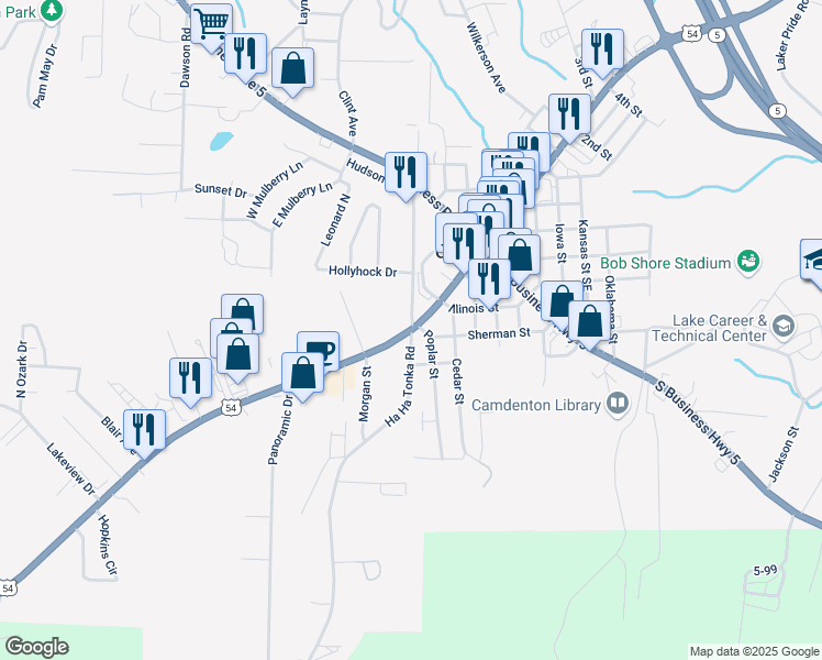 map of restaurants, bars, coffee shops, grocery stores, and more near 251 U.S. 54 in Camdenton