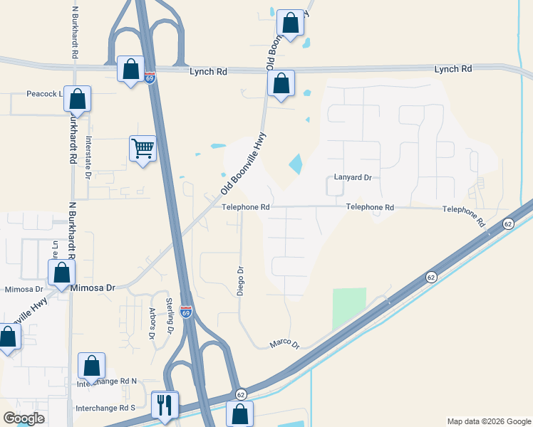 map of restaurants, bars, coffee shops, grocery stores, and more near 7410 Telephone Road in Evansville