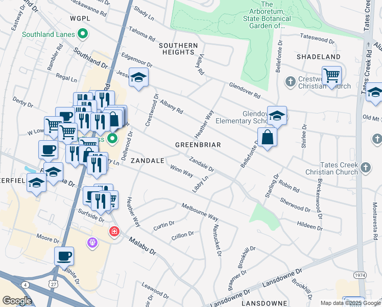 map of restaurants, bars, coffee shops, grocery stores, and more near 271 Zandale Drive in Lexington