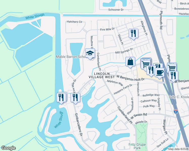 map of restaurants, bars, coffee shops, grocery stores, and more near 3639 West Benjamin Holt Drive in Stockton