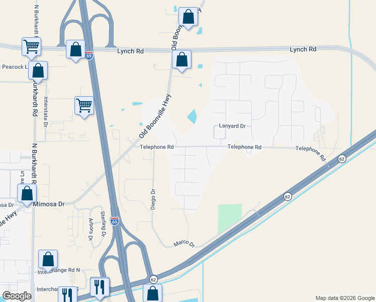 map of restaurants, bars, coffee shops, grocery stores, and more near 7520 Telephone Road in Evansville