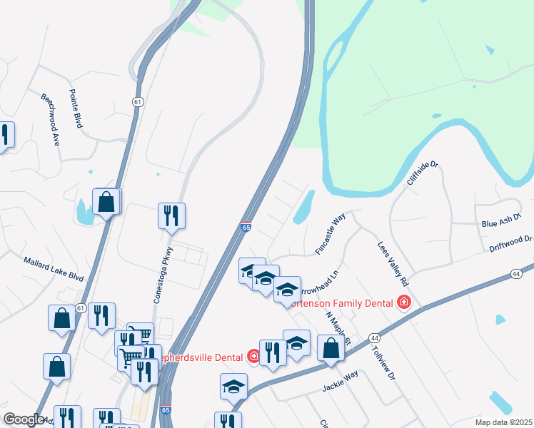 map of restaurants, bars, coffee shops, grocery stores, and more near 161 Cherokee Court in Shepherdsville