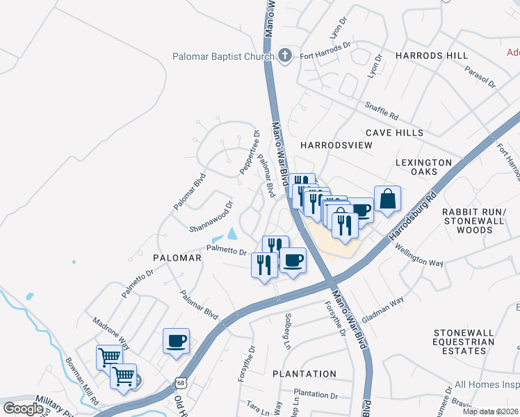 map of restaurants, bars, coffee shops, grocery stores, and more near 3957 Rock Ledge Lane in Lexington