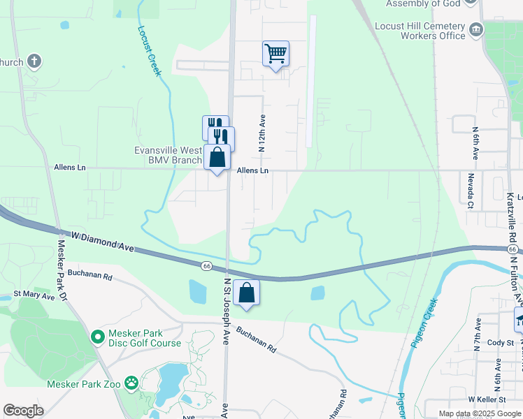 map of restaurants, bars, coffee shops, grocery stores, and more near 3001 Crowley Drive in Evansville