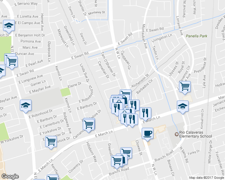 map of restaurants, bars, coffee shops, grocery stores, and more near 5448 Carrington Circle in Stockton