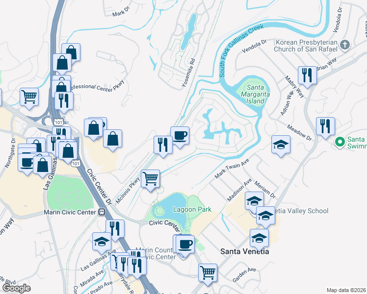 map of restaurants, bars, coffee shops, grocery stores, and more near 111 McInnis Parkway in San Rafael