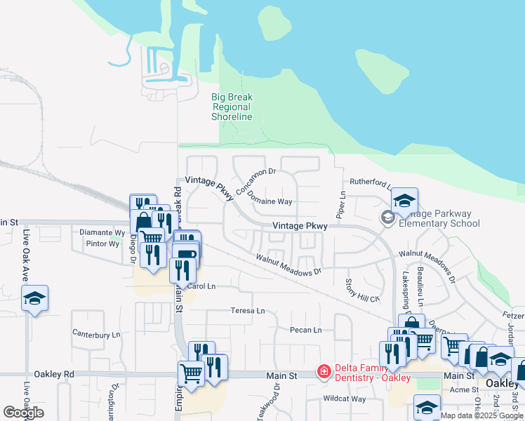 map of restaurants, bars, coffee shops, grocery stores, and more near 1762 Chandon Way in Oakley