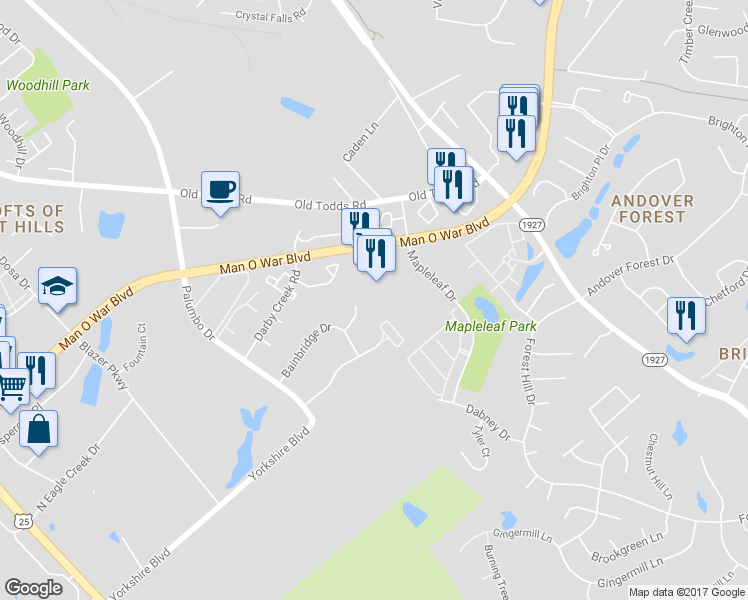 map of restaurants, bars, coffee shops, grocery stores, and more near 408 Bainbridge Court in Lexington