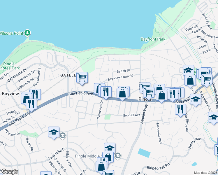 map of restaurants, bars, coffee shops, grocery stores, and more near 367 Hemleb Court in Pinole