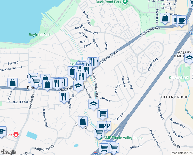 map of restaurants, bars, coffee shops, grocery stores, and more near 2501 Samuel Street in Pinole