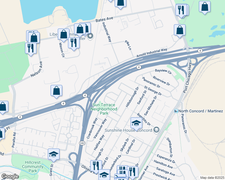 map of restaurants, bars, coffee shops, grocery stores, and more near 3687 Montreal Circle in Concord