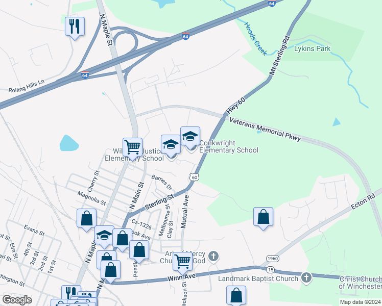 map of restaurants, bars, coffee shops, grocery stores, and more near 360 Mount Sterling Road in Winchester