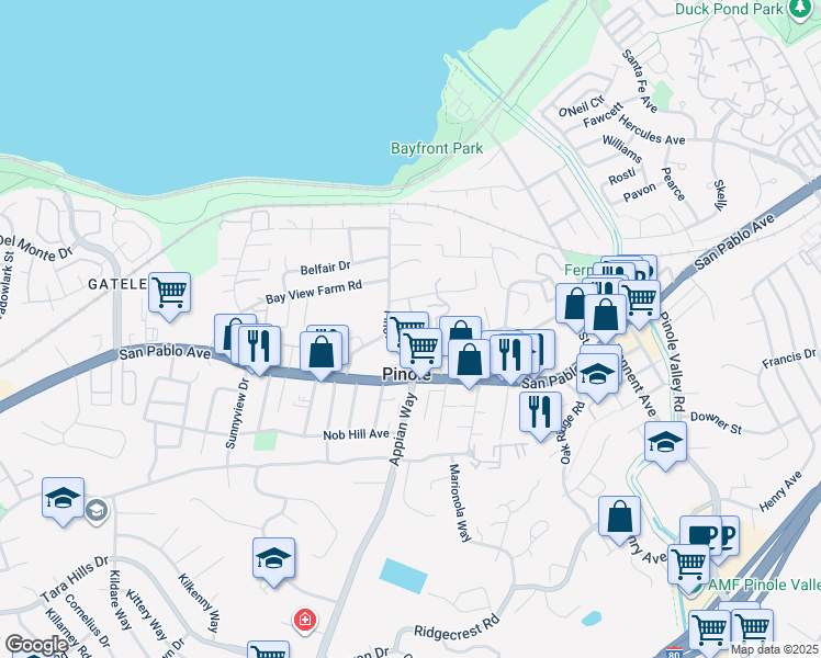 map of restaurants, bars, coffee shops, grocery stores, and more near 624 Primrose Terrace in Pinole