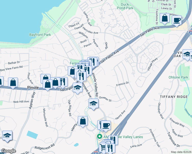map of restaurants, bars, coffee shops, grocery stores, and more near 2501 Samuel Street in Pinole