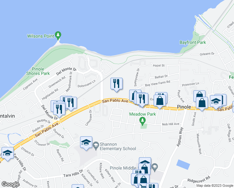 map of restaurants, bars, coffee shops, grocery stores, and more near 812 San Pablo Avenue in Pinole