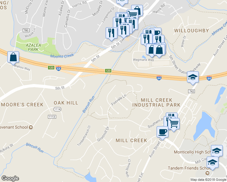 map of restaurants, bars, coffee shops, grocery stores, and more near 1173 Foxchase Ridge in Charlottesville