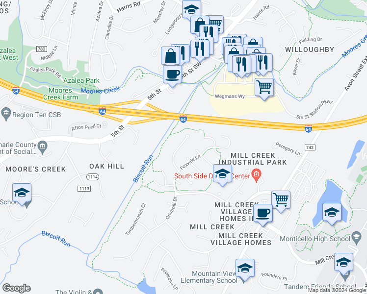 map of restaurants, bars, coffee shops, grocery stores, and more near 1173 Foxchase Ridge in Charlottesville