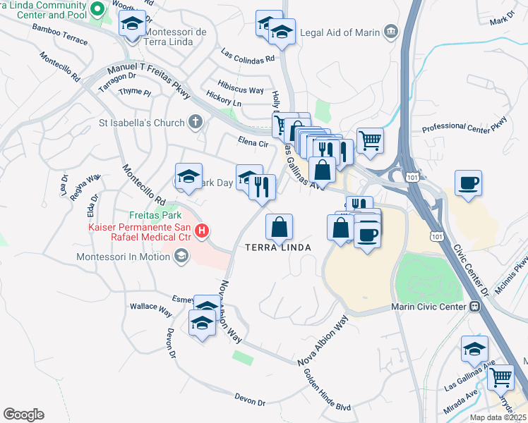 map of restaurants, bars, coffee shops, grocery stores, and more near 155 Nova Albion Way in San Rafael