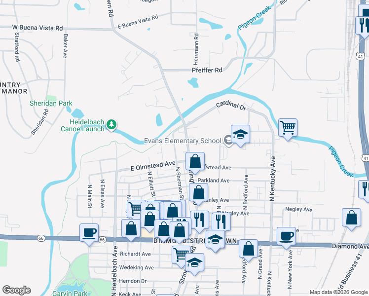 map of restaurants, bars, coffee shops, grocery stores, and more near 2725 North Sherman Street in Evansville