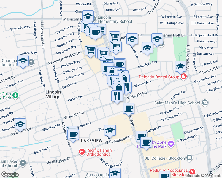 map of restaurants, bars, coffee shops, grocery stores, and more near 756 Porter Avenue in Stockton