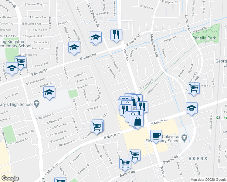 map of restaurants, bars, coffee shops, grocery stores, and more near 5369 Carrington Circle in Stockton