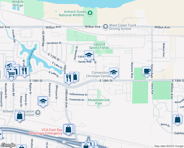 map of restaurants, bars, coffee shops, grocery stores, and more near 1504 Hargrove Court in Antioch