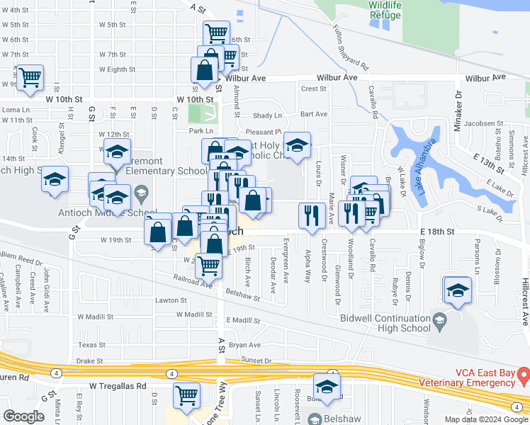 map of restaurants, bars, coffee shops, grocery stores, and more near 44 Kimball Court in Antioch