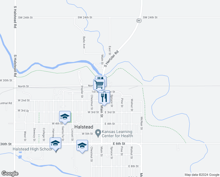 map of restaurants, bars, coffee shops, grocery stores, and more near 116 East 1st Street in Halstead