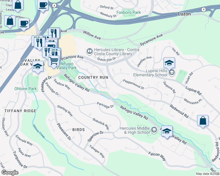 map of restaurants, bars, coffee shops, grocery stores, and more near 11 Range Court in Hercules
