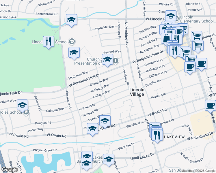 map of restaurants, bars, coffee shops, grocery stores, and more near 1714 Rutledge Way in Stockton