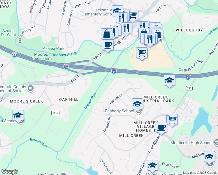 map of restaurants, bars, coffee shops, grocery stores, and more near 1186 Foxchase Ridge in Charlottesville