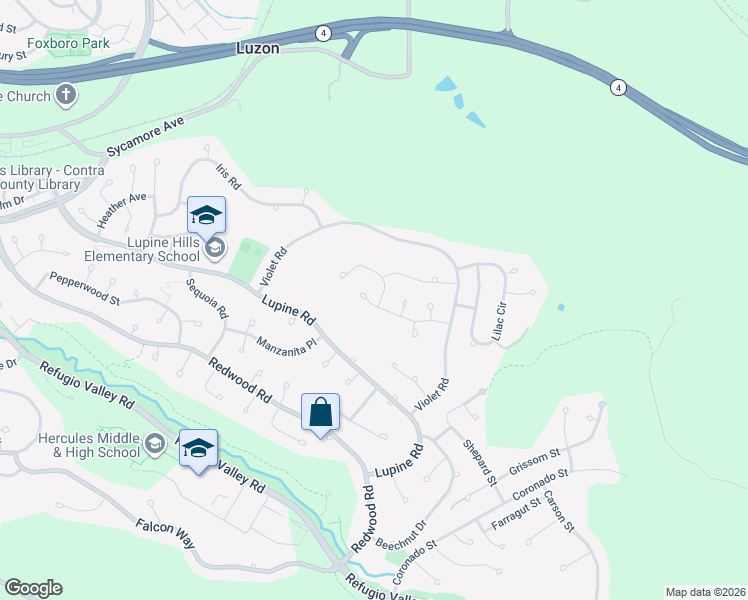 map of restaurants, bars, coffee shops, grocery stores, and more near 103 Columbine Drive in Hercules