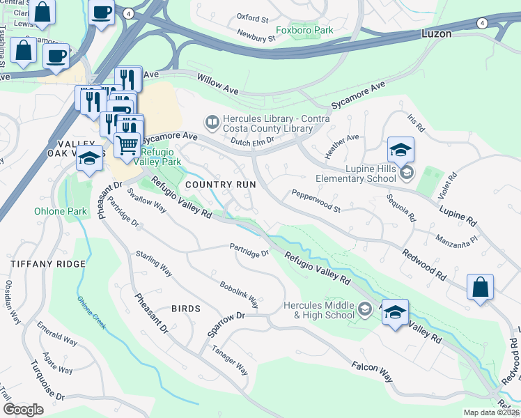 map of restaurants, bars, coffee shops, grocery stores, and more near 112 Fountain Grass Court in Hercules