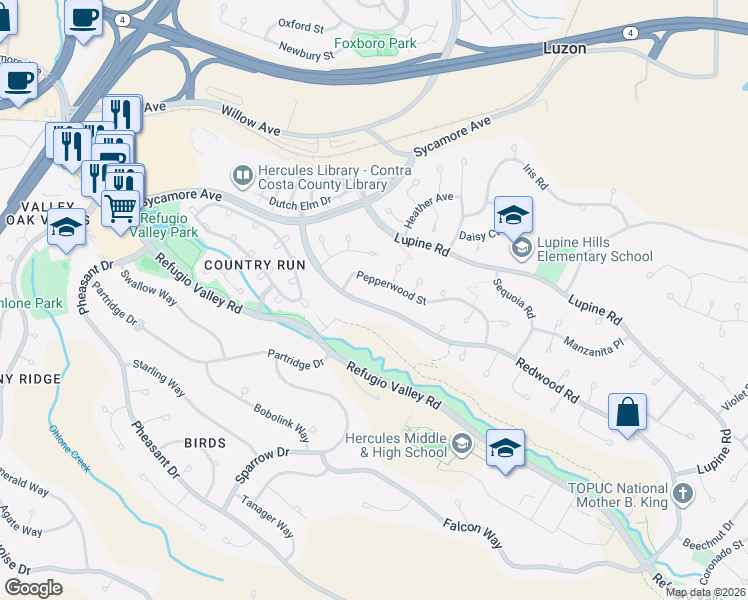 map of restaurants, bars, coffee shops, grocery stores, and more near 1769 Redwood Road in Hercules