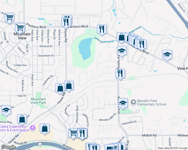 map of restaurants, bars, coffee shops, grocery stores, and more near 4 Lagunita Court in Martinez