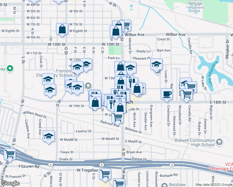 map of restaurants, bars, coffee shops, grocery stores, and more near 18 West 17th Street in Antioch