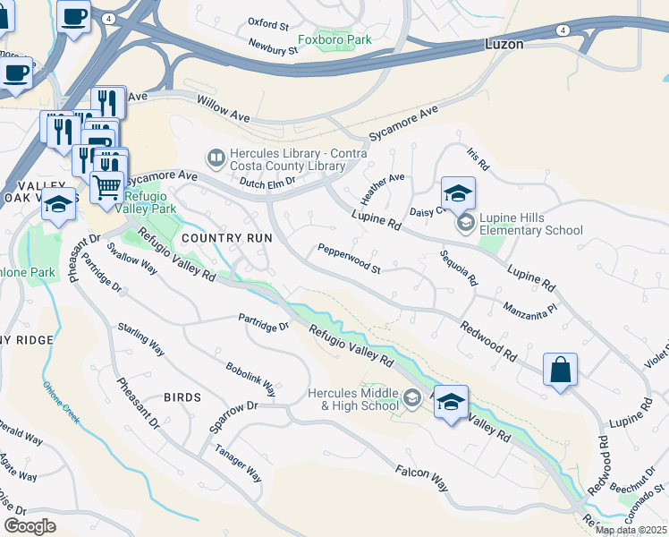 map of restaurants, bars, coffee shops, grocery stores, and more near 1769 Redwood Road in Hercules