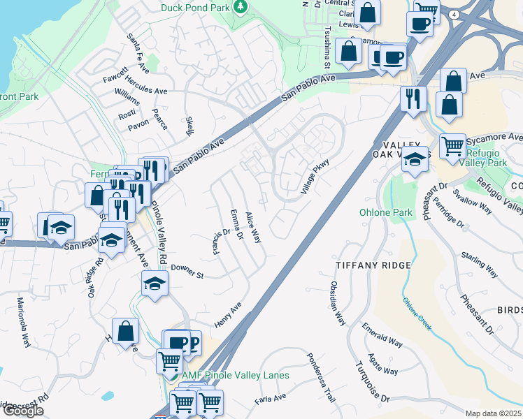 map of restaurants, bars, coffee shops, grocery stores, and more near 50 Scotts Valley in Hercules
