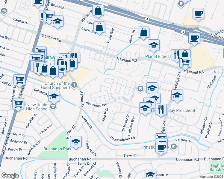map of restaurants, bars, coffee shops, grocery stores, and more near 141 Maui Drive in Pittsburg