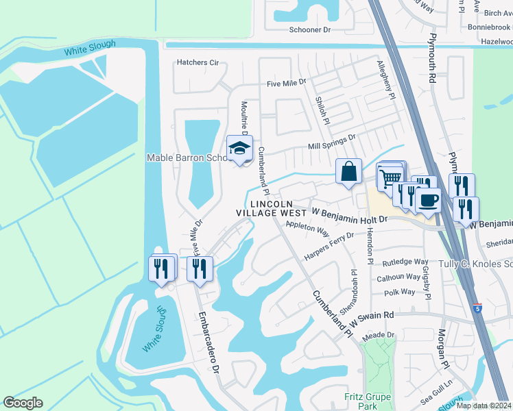 map of restaurants, bars, coffee shops, grocery stores, and more near 3613 West Benjamin Holt Drive in Stockton
