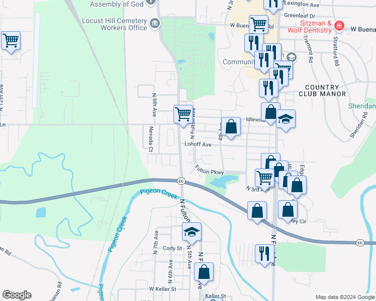 map of restaurants, bars, coffee shops, grocery stores, and more near 2900 North Fulton Avenue in Evansville