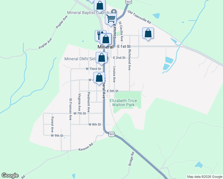 map of restaurants, bars, coffee shops, grocery stores, and more near 104 East 5th Street in Mineral