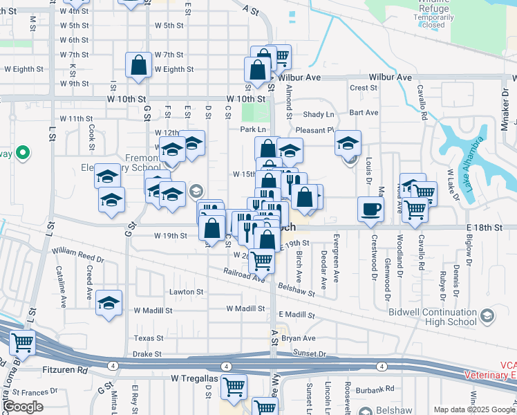 map of restaurants, bars, coffee shops, grocery stores, and more near 18 West 17th Street in Antioch
